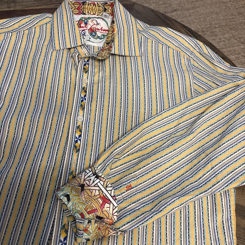 Robert Graham Yellow Vertical Stripe Button Down Long sleeve Flip Cuff Large